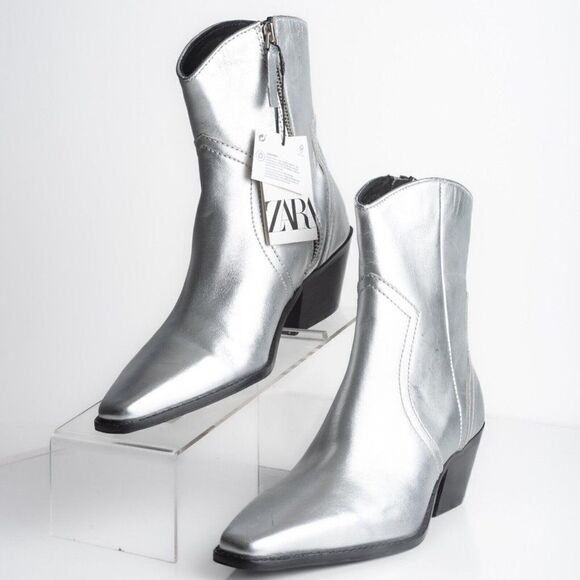 Zara Womens Metallic Silver Cowboy Leather Ankle Boots Western US 6.5 EU 37 NWT - Picture 1 of 11